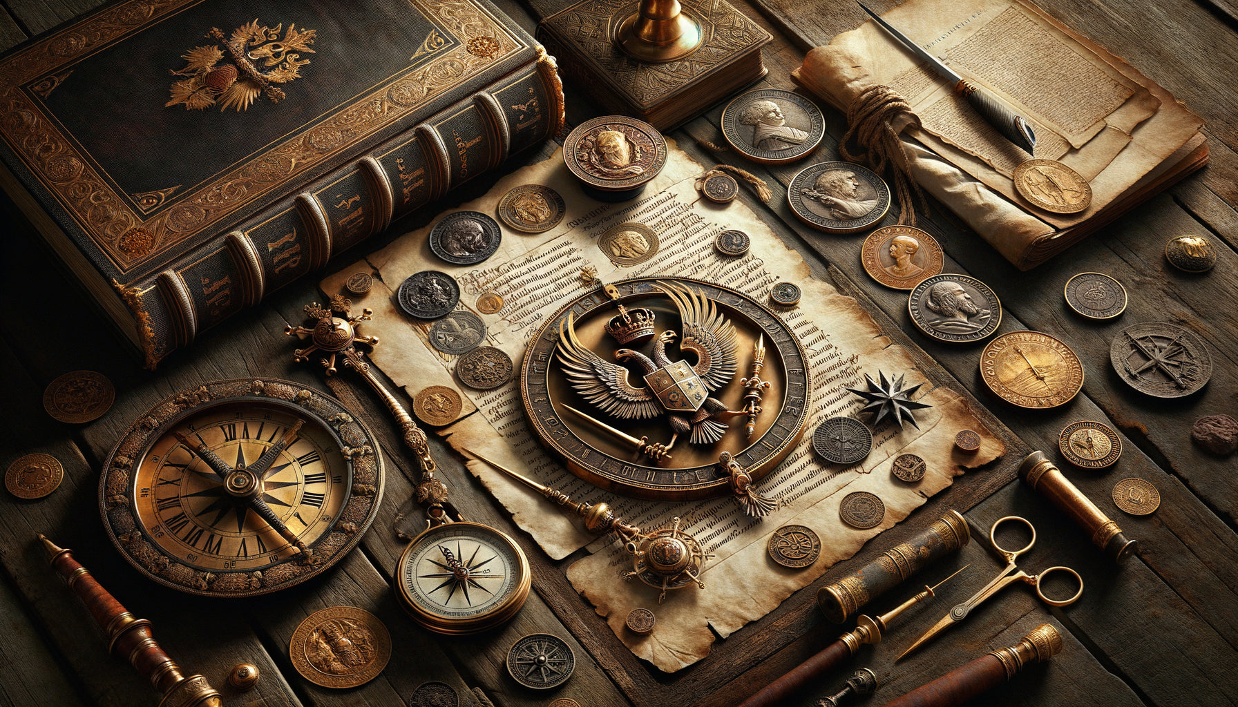 Collection d'objets historiques authentiques : médaille napoléonienne, monnaie romaine antique, manuscrit Renaissance, sceau royal et boussole maritime ancienne