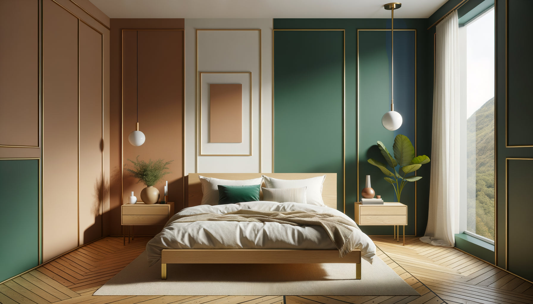 Chambre Airbnb moderne avec color blocking sur les murs : blocs géométriques vert émeraude, terracotta et crème