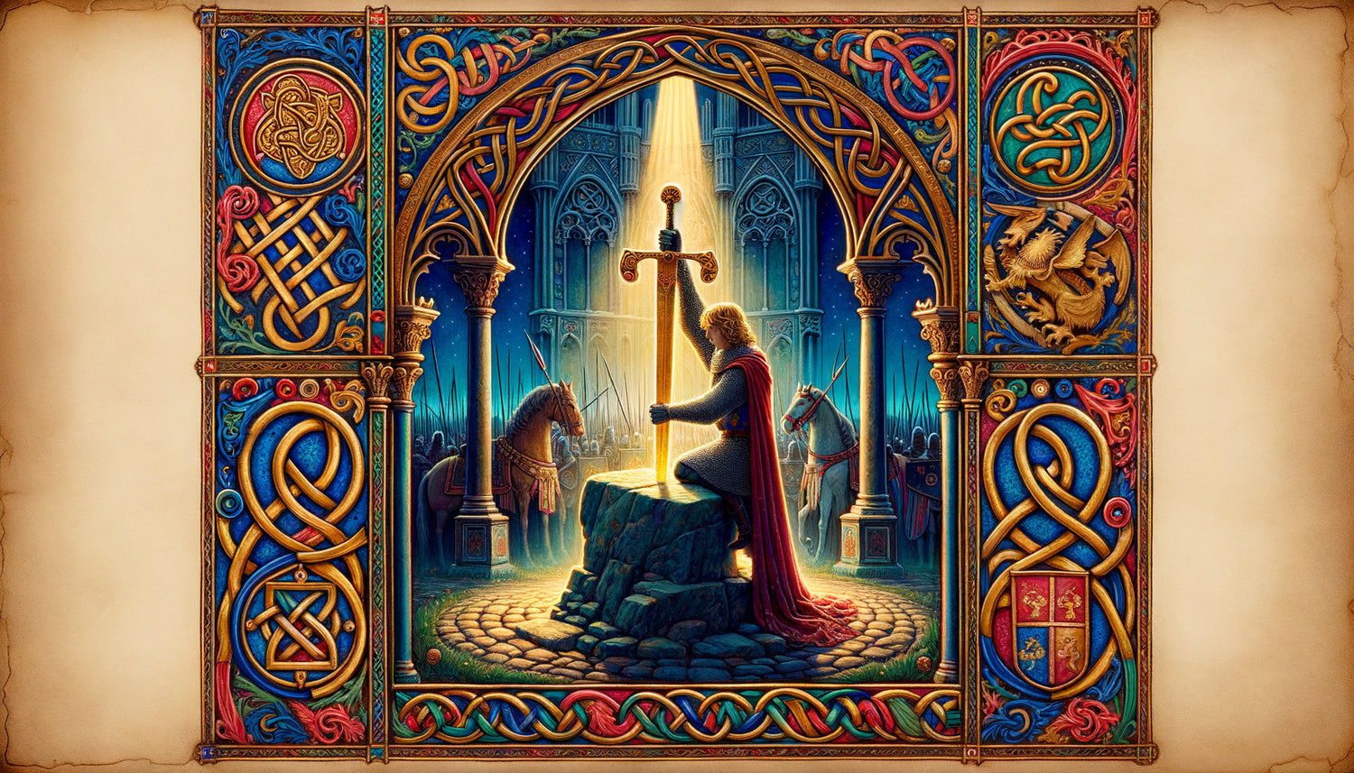 Enluminure médiévale représentant le Roi Arthur et Excalibur dans le style des manuscrits arthuriens du Moyen Âge avec dorures