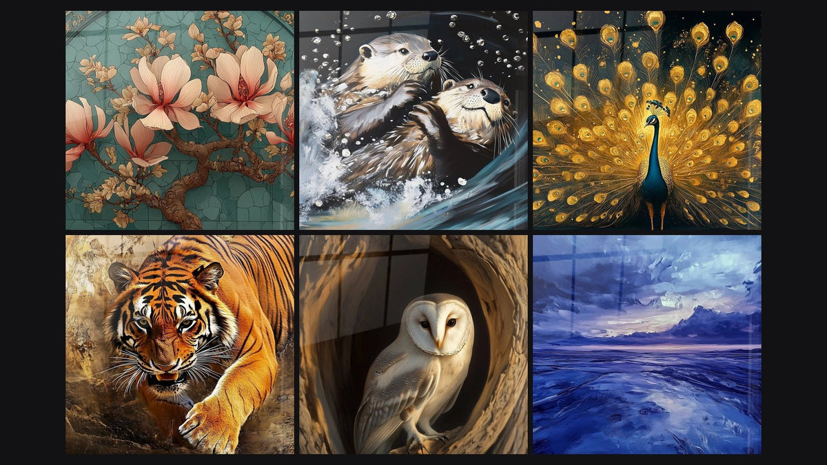 Mozaïek van zes schilderijen, waaronder Magnolia Émoi Karmijn, Otters Duin van golven en Pauw Kroon der eeuwigheid
