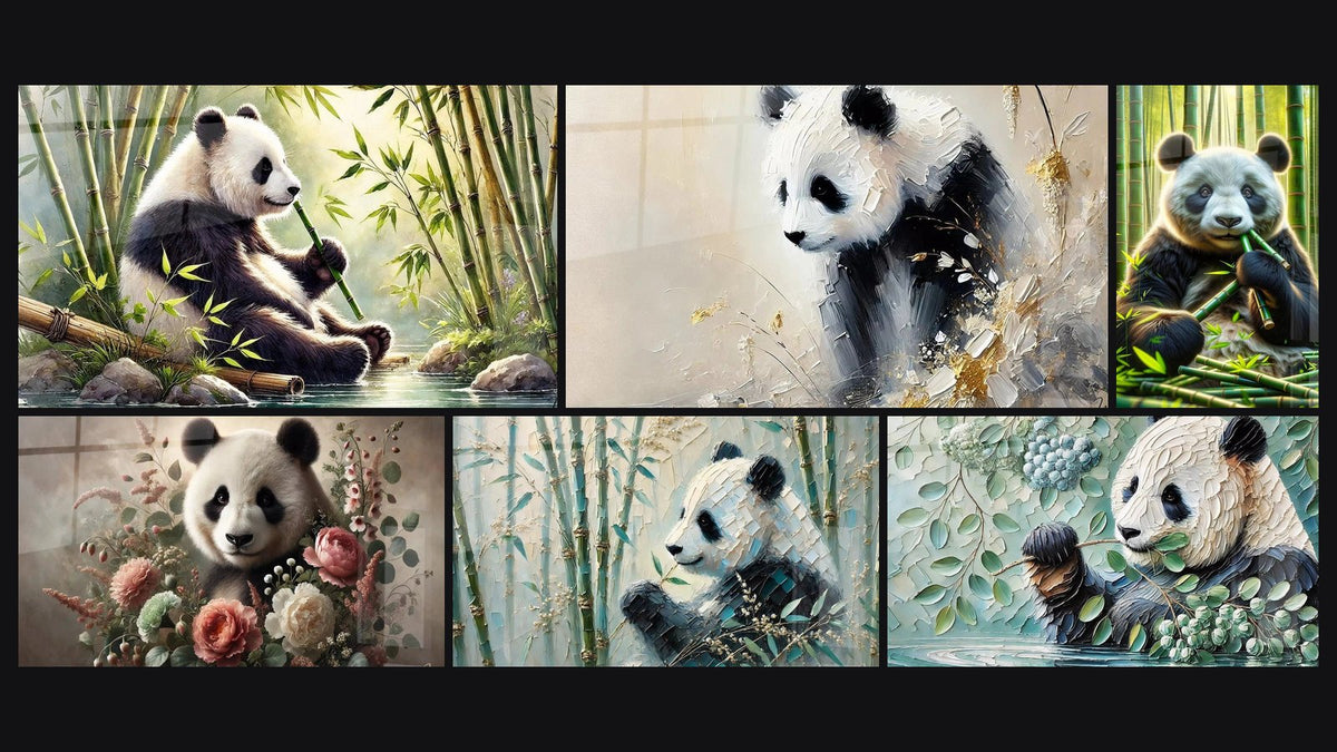 Mozaïek van zes schilderijen, waaronder Bamboe en Sereniteit, De Smaak van Stilte en De Pandatuin