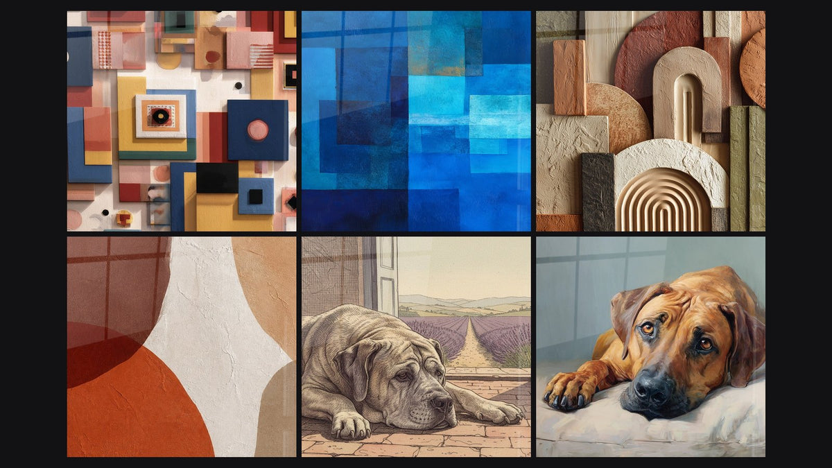 Mosaïque de six tableaux, dont Composition géométrique abstraite et Rectangles bleus superposés