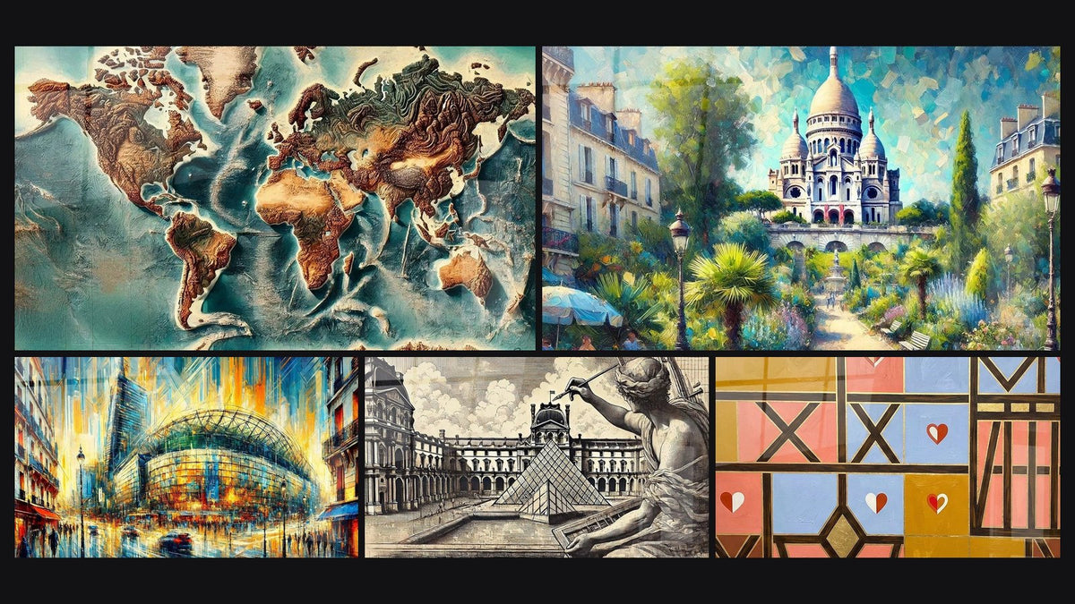 Mosaico di cinque quadri, tra cui Carta del Mondo N°4 e Arte Geometrica