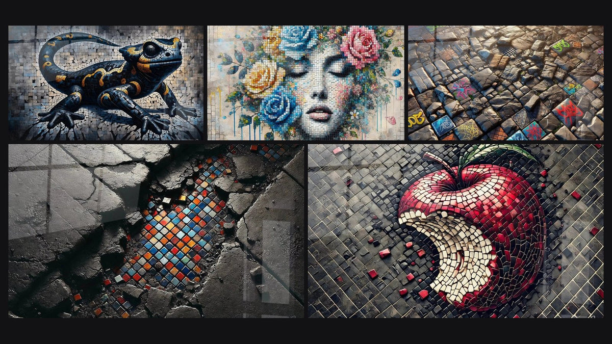 Mosaïque de cinq tableaux, dont Voyageur des Pierres, Rêverie Florale et Les Traces du Passé