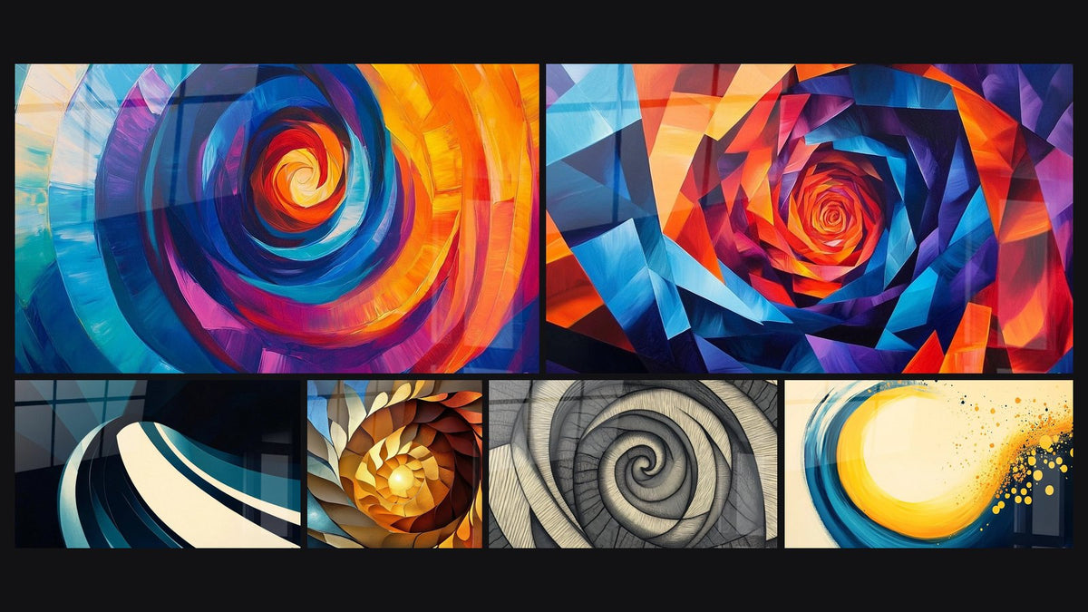 Mosaico de seis cuadros, entre ellos Kaleidoscope Giratorio, Onda espiral moderno y Espiral dorada tridimensional