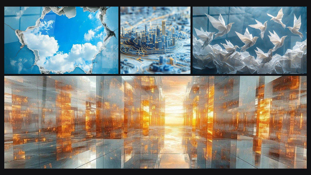 Mosaik aus vier Gemälden, darunter Himmel Himmelfenster, Metropole Kupferseele und Stadt Stahltraum Blau