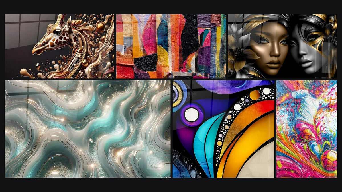 Mozaïek van zes schilderijen, waaronder Gouden Lijn, Abstract veelkleurig en Vrouwelijke Gezichten