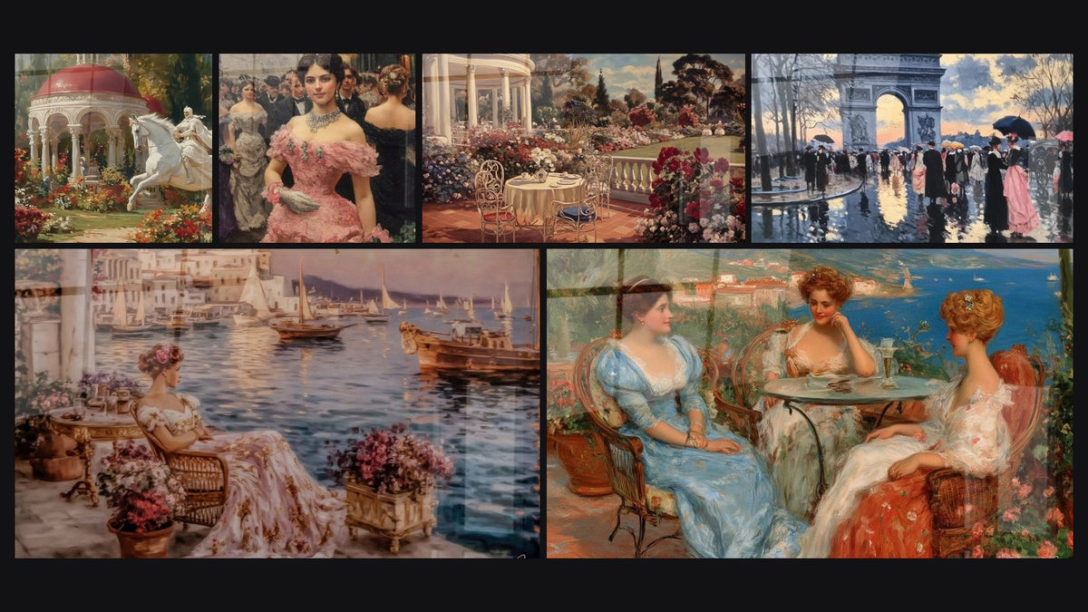 Mosaik aus sechs Gemälden, darunter Reiter Weiß Elfenbein, Frau Mondäne Pracht und Garten Aristokratischer Frieden