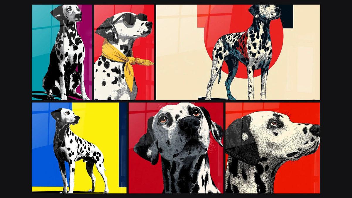 Mosaik aus sechs Gemälden, darunter Dalmatiner Pop-Art Zweifarbiges