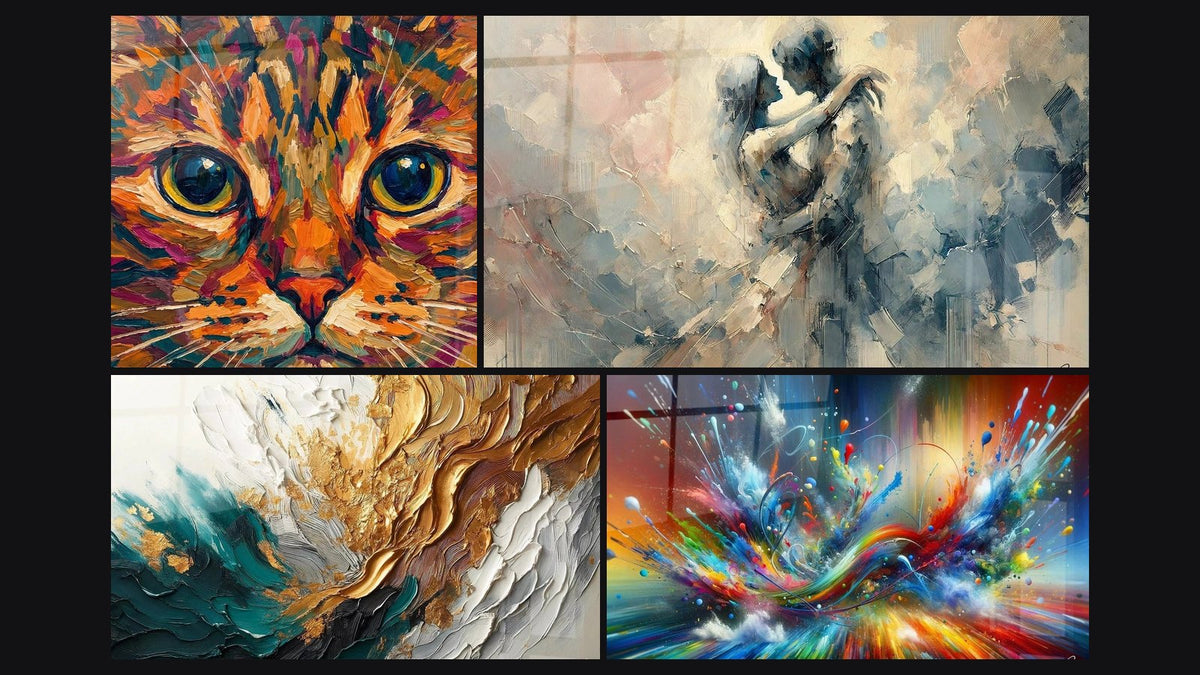 Mosaico di quattro quadri, tra cui Espressioneista Chat, Tra Noi e Traccia in Oro e Giada