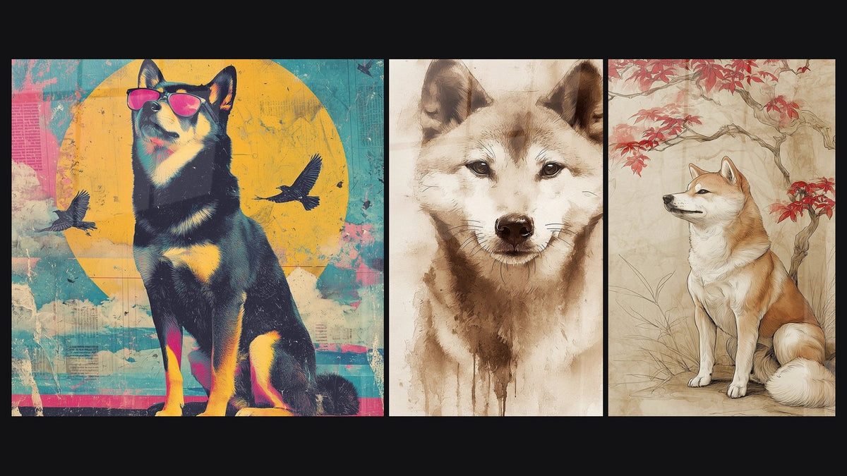 Mosaico de tres cuadros, entre ellos Retrato Canino Acuarela Sépia y Shiba Inu Sentado Bajo Arce Rojo
