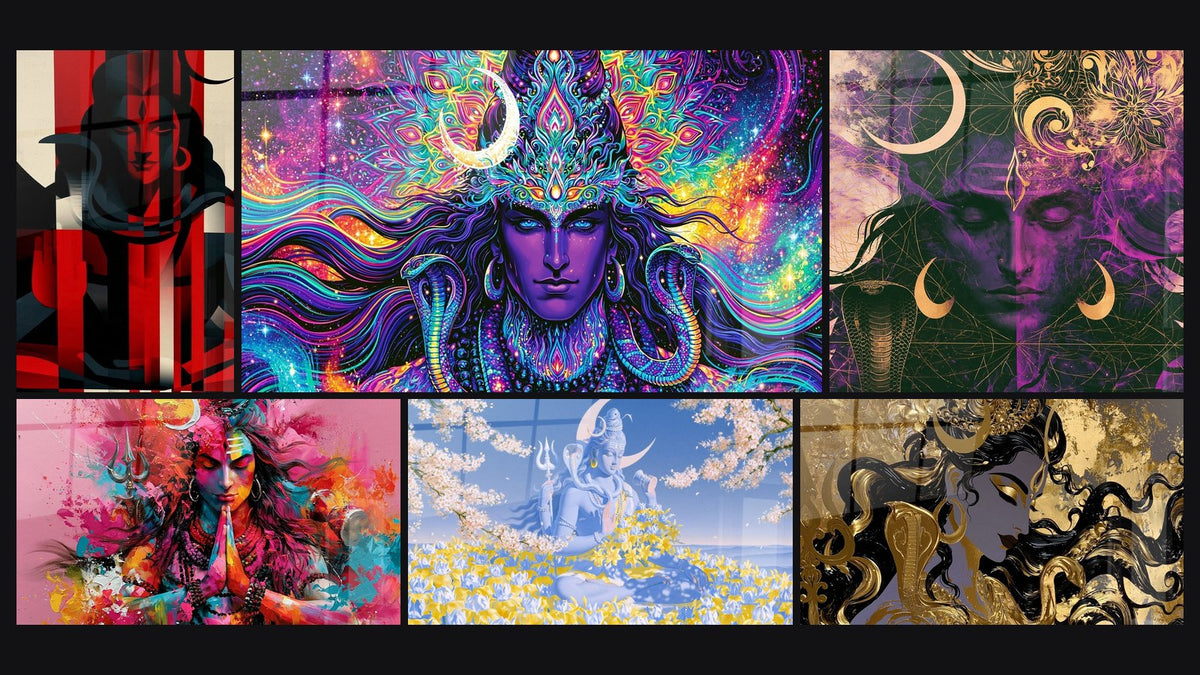 Mosaïque de six tableaux, dont Divinité rose et turquoise en méditation et Shiva méditant entouré de fleurs jaunes