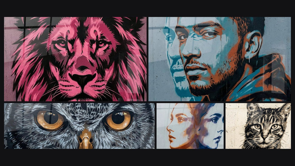 Mozaïek van vijf schilderijen, waaronder Met roze fuchsia leeuw in paarse tinten