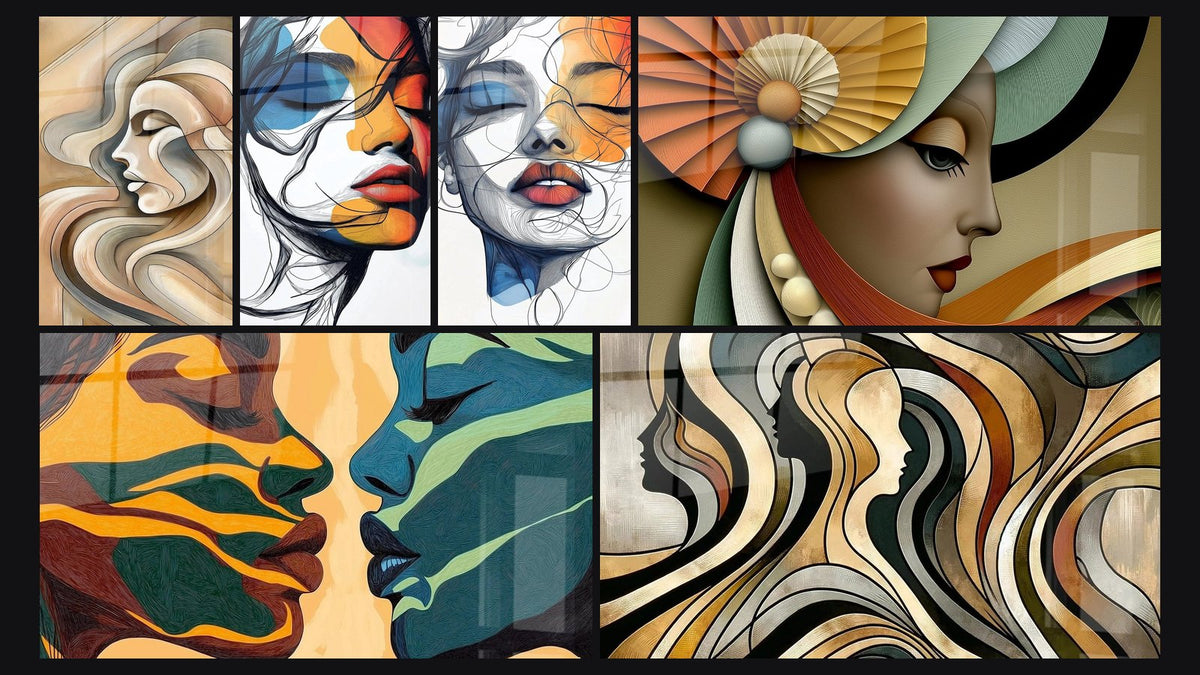 Mosaic of six paintings, including Curved Elegance, Threads of Essence and Inner Flow