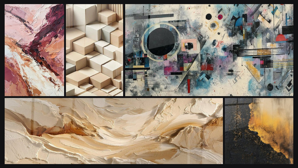 Mozaïek van vijf schilderijen, waaronder Minimalistisch Gesculpteerd en Abstract geometrische compositie
