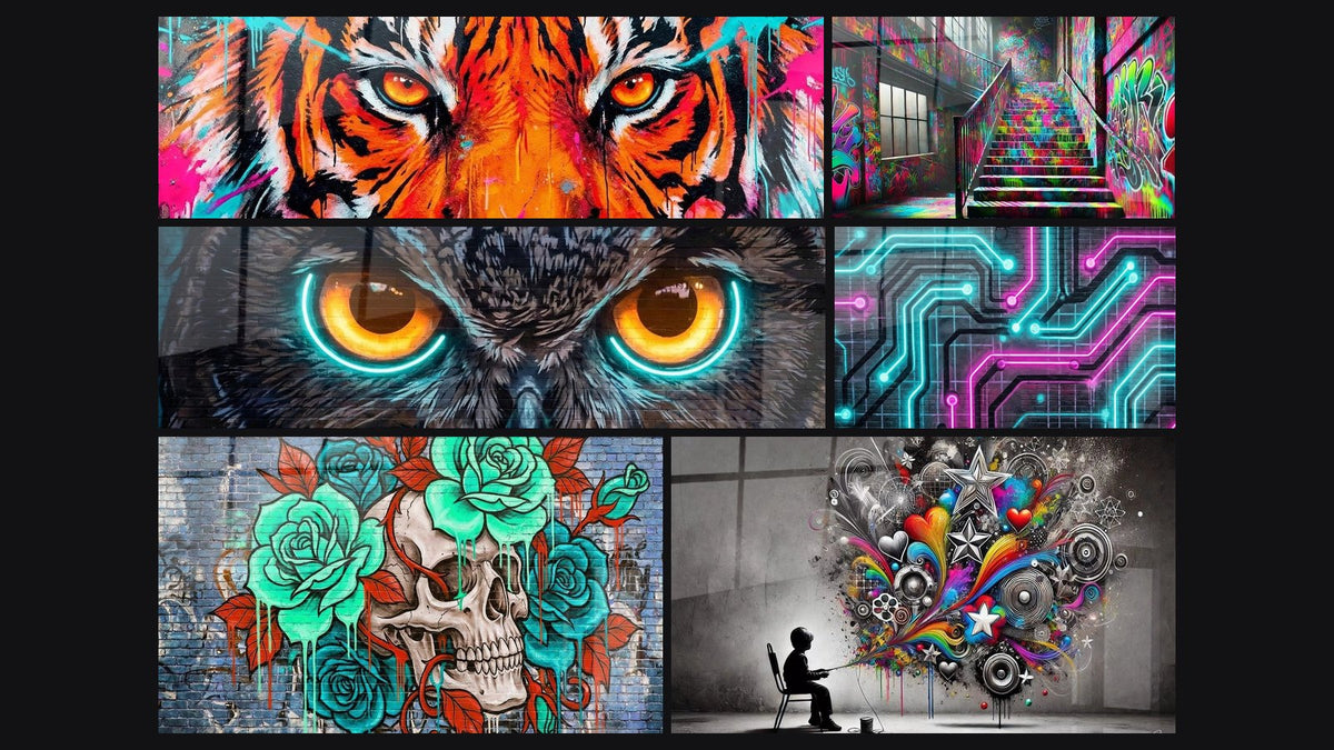 Mozaika sześciu obrazów, w tym Street art nr 5 i Duch Miejski