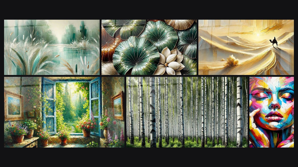Mosaic of six paintings, including Landscape wall art N°1, Window on the Garden and Garden of Reflections