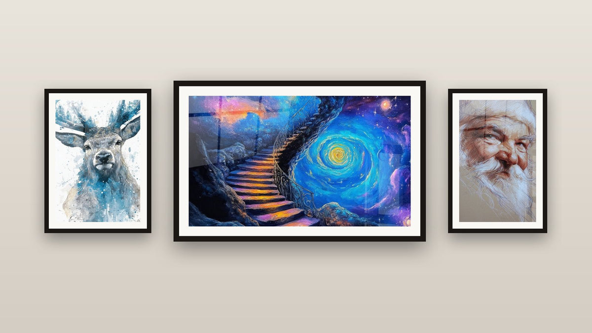 Parete galleria con tre quadri incorniciati, tra cui A scala cosmico e Uomo Padre dei Ghiacci benevolo