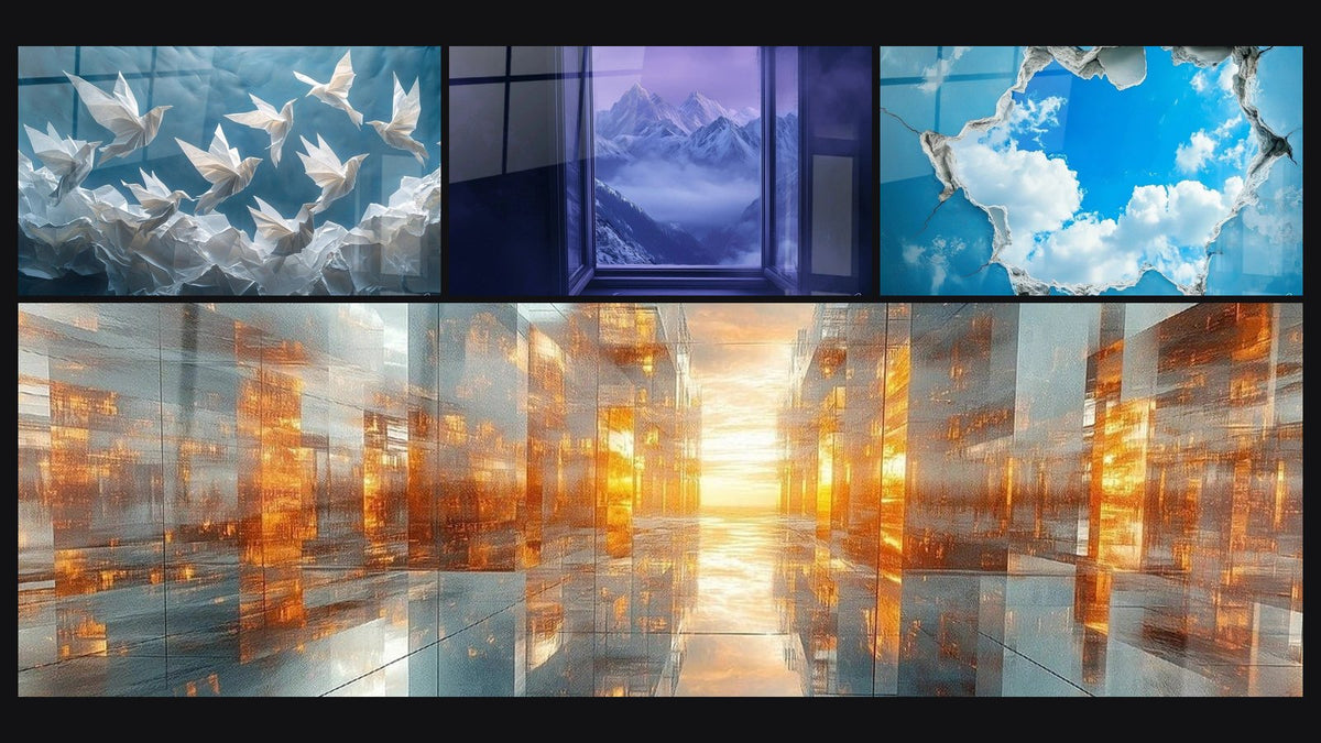 Mosaïque de quatre tableaux, dont Origami Danse de papier, Montagne Rêve d'altitude et Ciel Fenêtre céleste