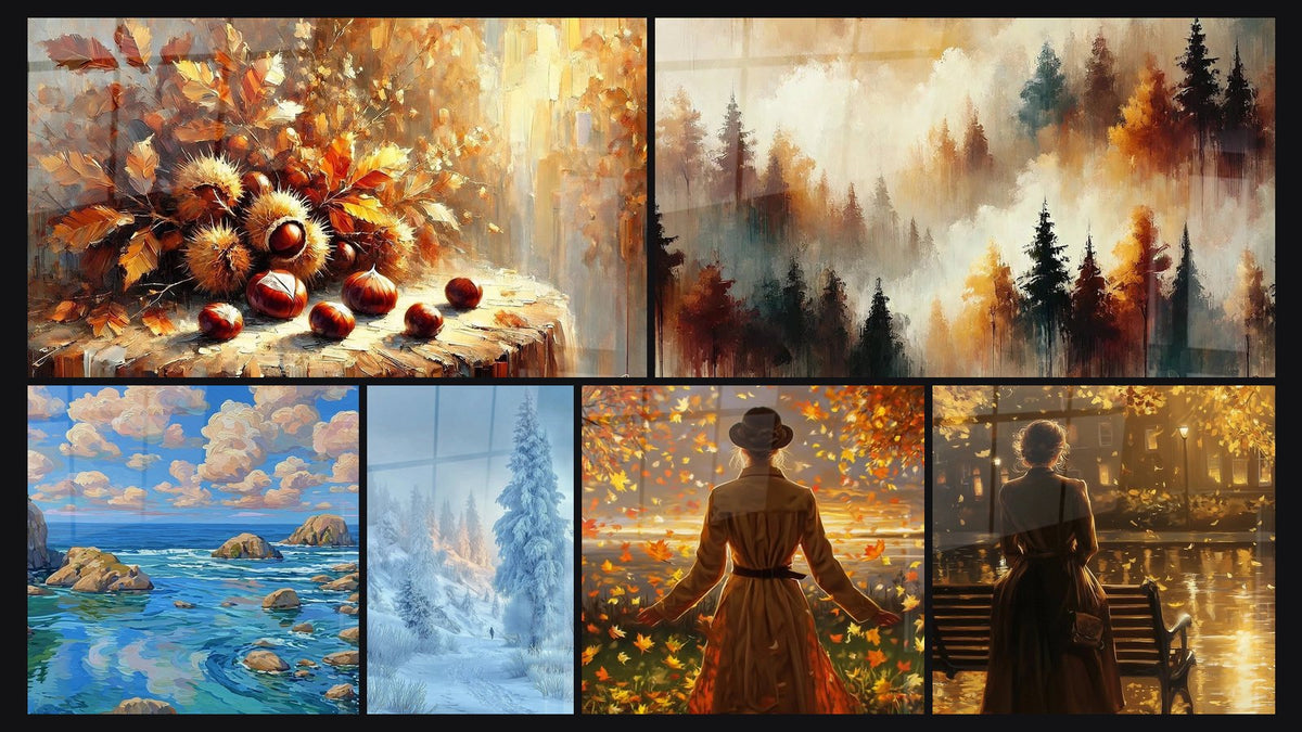 Mosaïque de six tableaux, dont Fruits de Saison, Nature en Couleurs et Paysage Marin Murmures Océaniques