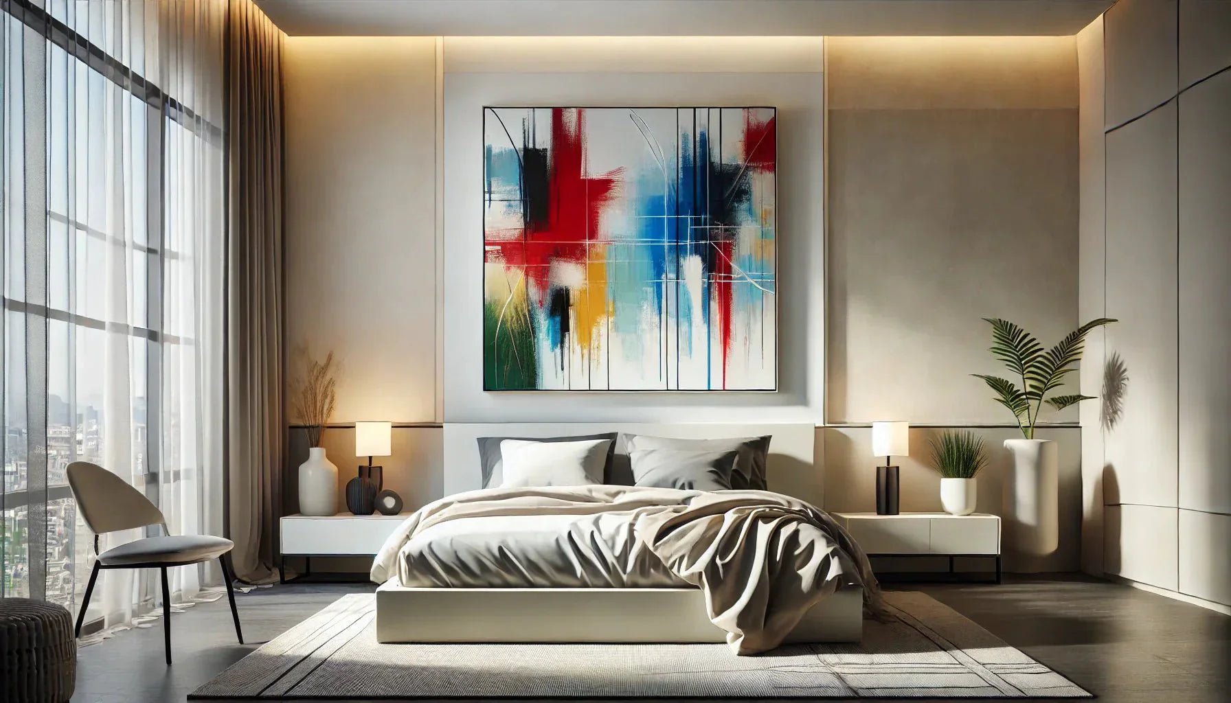Comment intégrer un tableau abstrait coloré dans une chambre minimaliste moderne ?