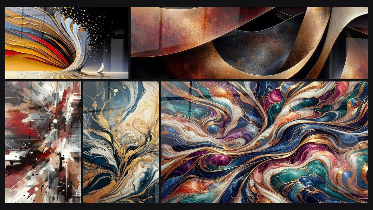 Mosaïque de cinq tableaux, dont Tourbillon dynamique doré, Sinuosités Méditation Ocre et Bruit Dynamique Explosive