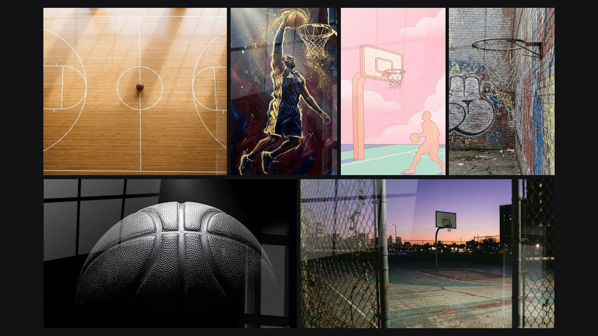 Mozaïek van zes schilderijen, waaronder Basketbalveld Luchtperspectief, Basketbal en Spectaculaire Dunk