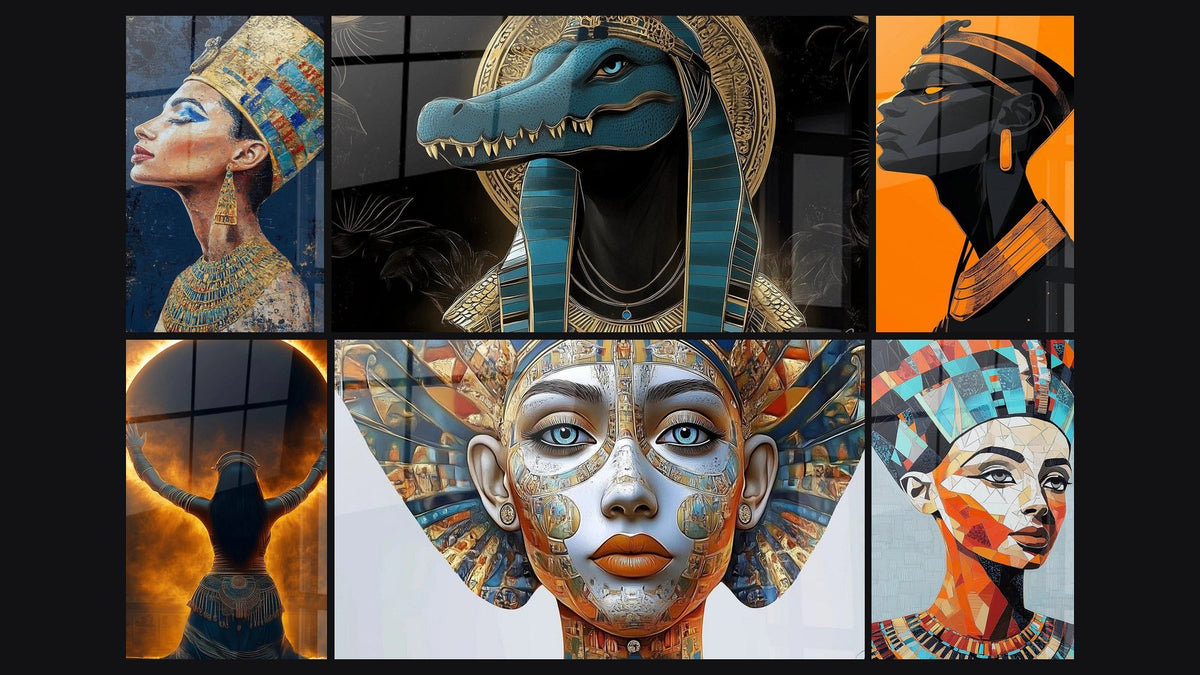 Mosaico de seis cuadros, entre ellos Nefertiti Esplendor Antiguo y Mujer egipcia ofrenda divina
