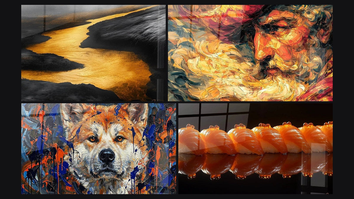 Mosaico di quattro quadri, tra cui Valle Silenziosa Dorata e Ritratto Fuoco Creatore
