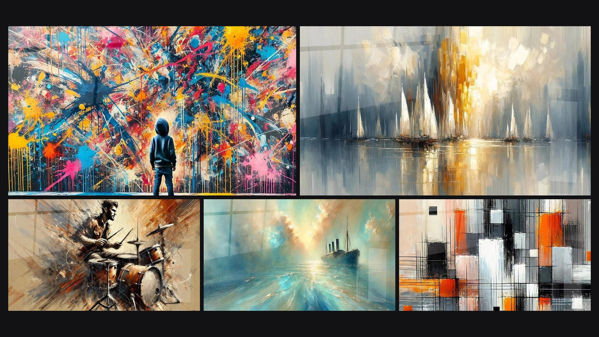Mosaïque de cinq tableaux, dont Éclats de Peinture, Batterie N°2 et Au Cœur de la Brise