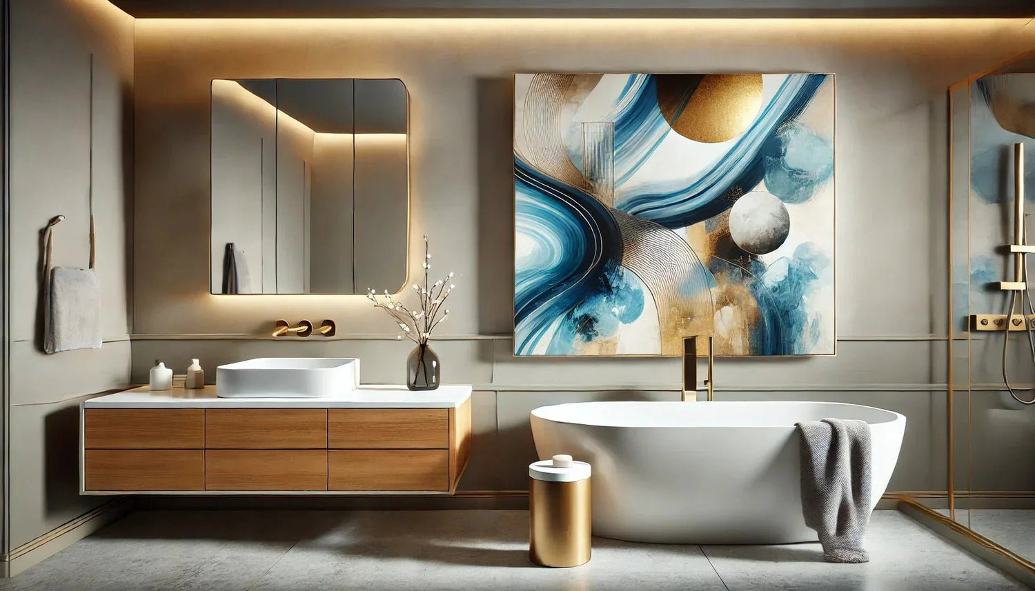 Comment un tableau abstrait moderne peut sublimer une salle de bain design minimaliste ?