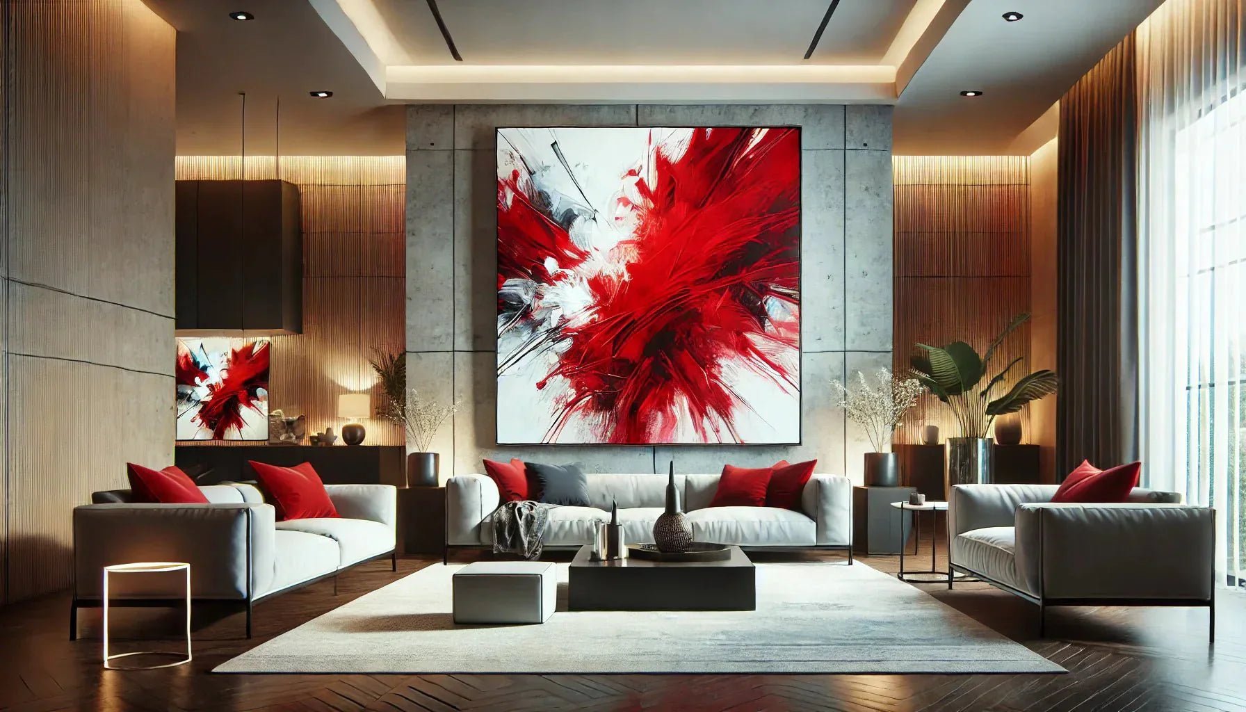 Tableau abstrait rouge XXL accroché dans un salon moderne, apportant une touche vibrante et un effet visuel puissant à la décoration murale.