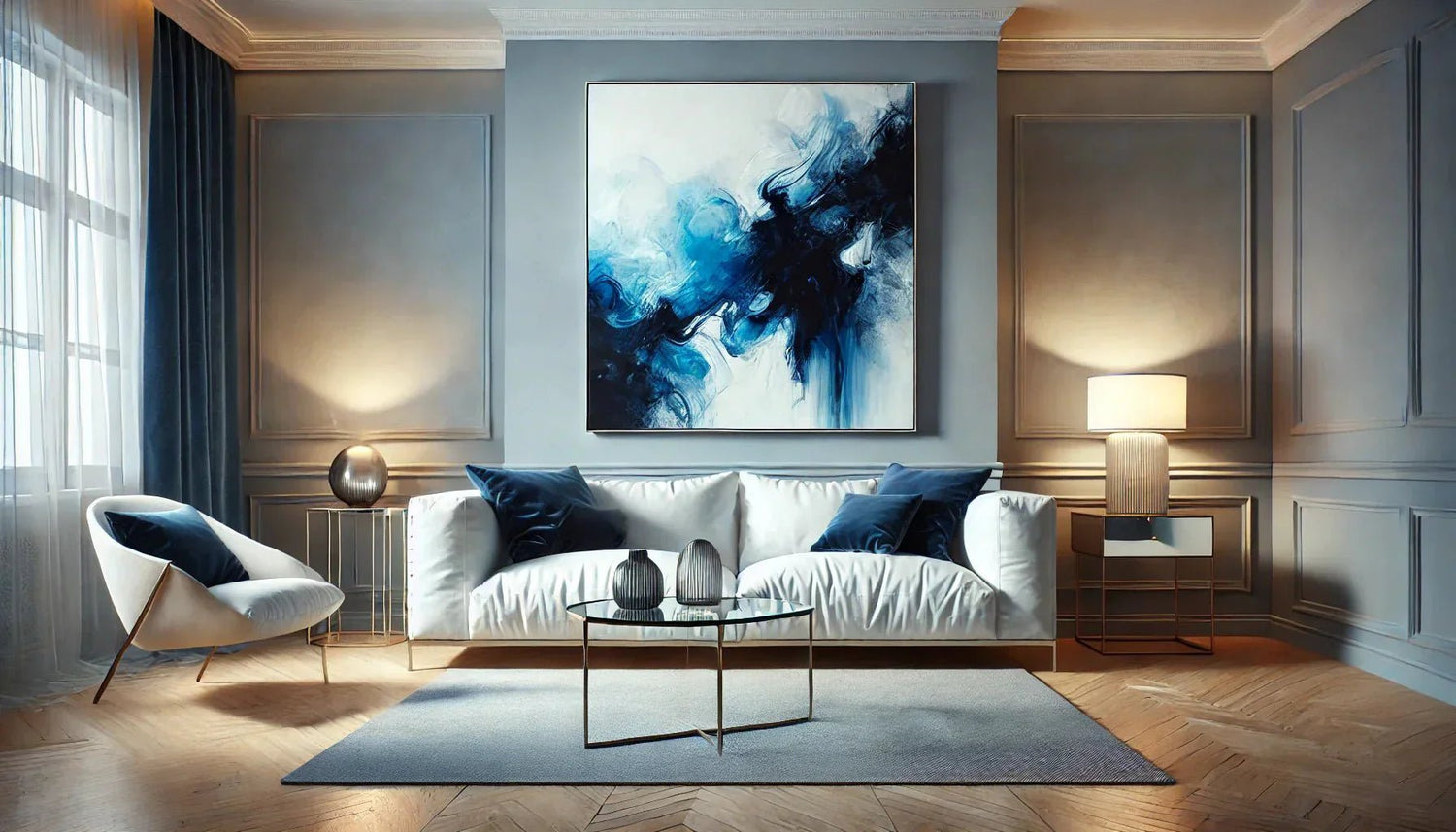 Toile abstraite bleue aux nuances d’azur et d’indigo, apportant une touche de modernité et de sérénité dans un intérieur minimaliste.