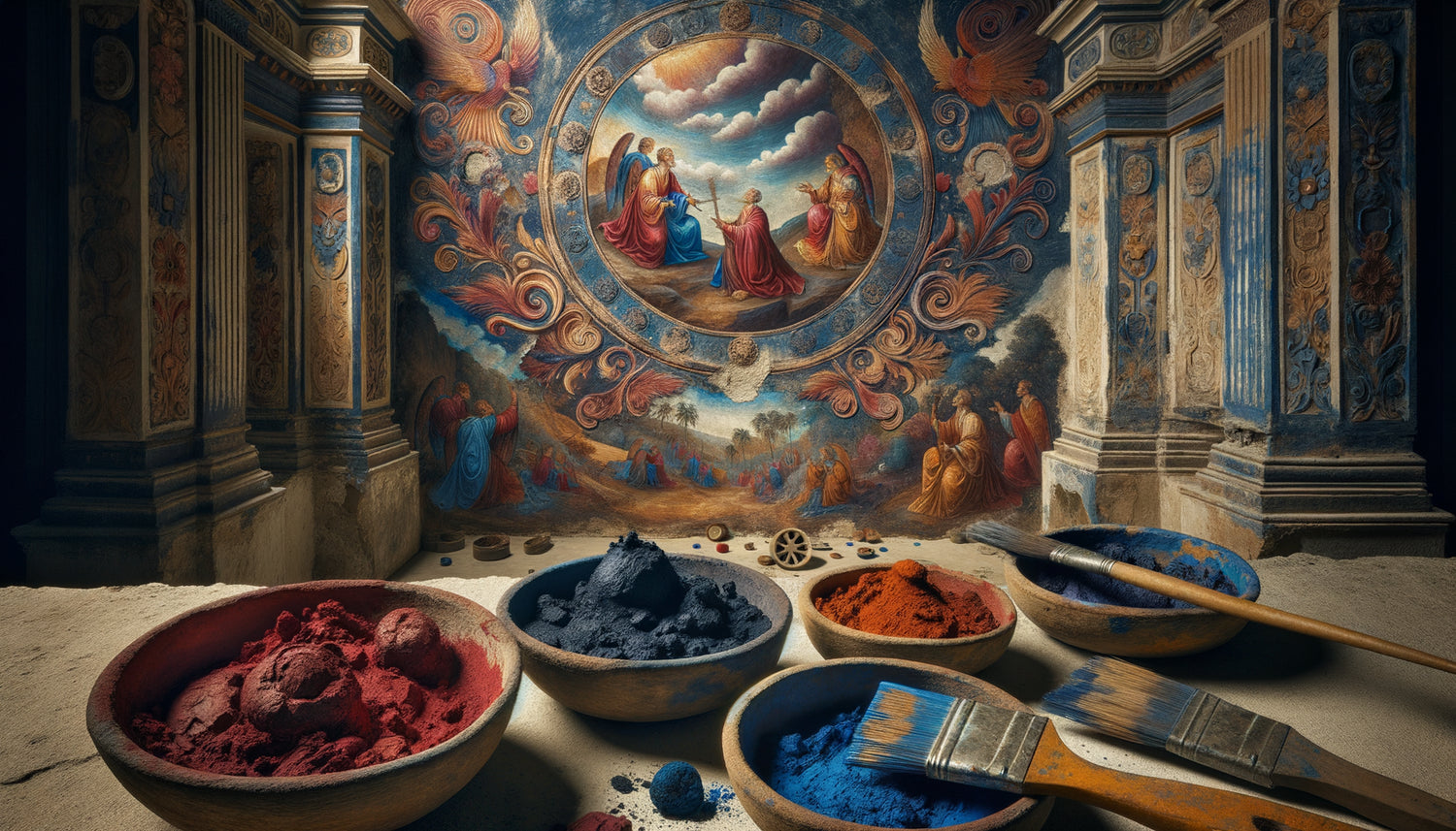 Fresque murale coloniale du 18e siècle en cours, pigments bleu indigo et rouge écarlate, technique d'époque