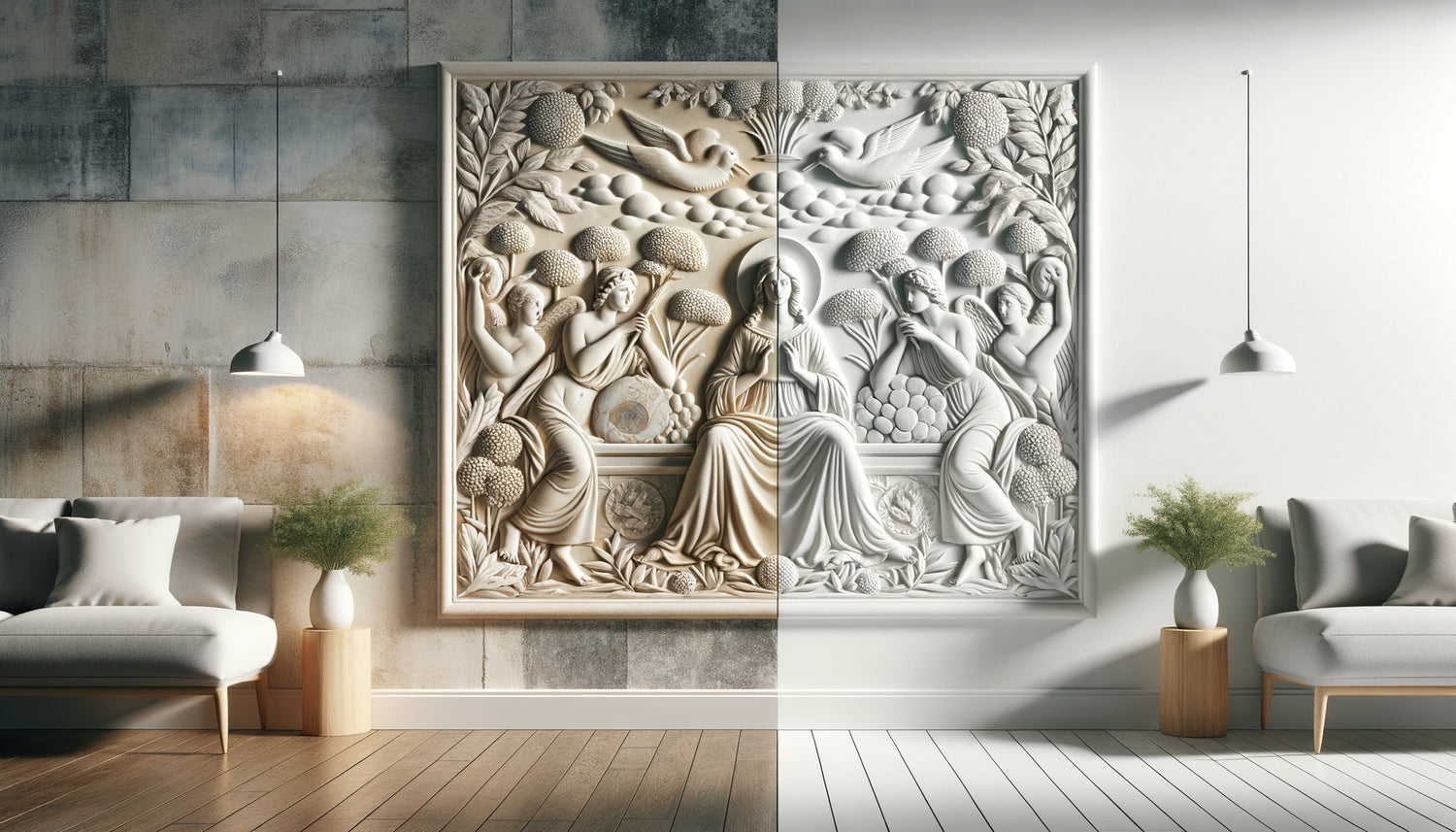 Comparaison photographique d'une fresque murale en blanc mat et blanc poli montrant les différences de réflexion lumineuse