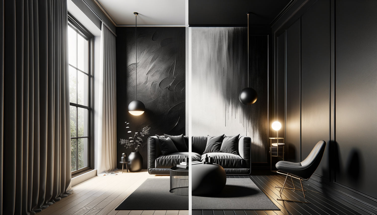 Comparaison photographique mur noir : peinture à l'huile satinée avec reflets subtils versus peinture caséine mate veloutée absorbante