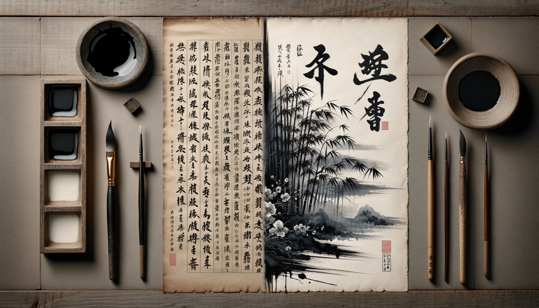 Comparaison visuelle entre calligraphie chinoise à l'encre mò noire intense et peinture japonaise sumi aux nuances grises subtiles