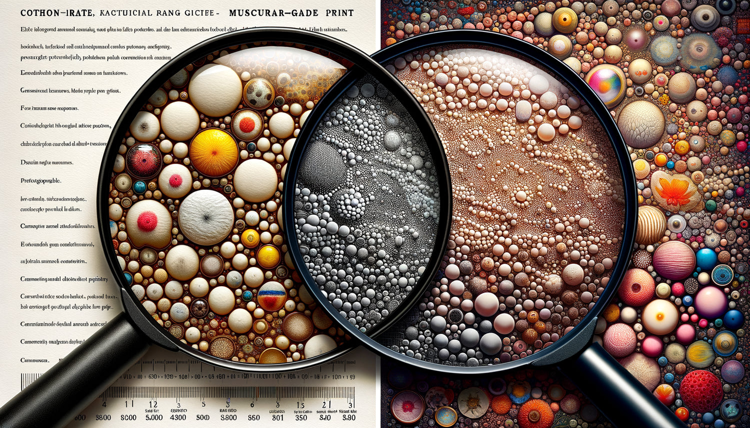Comparaison macro entre impression giclée museum grade et impression commerciale standard montrant différences de texture et qualité