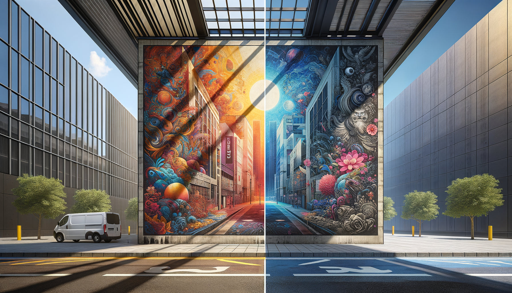 Comparaison visuelle impression numérique et sérigraphie sur mur extérieur sous auvent montrant différences de texture et durabilité