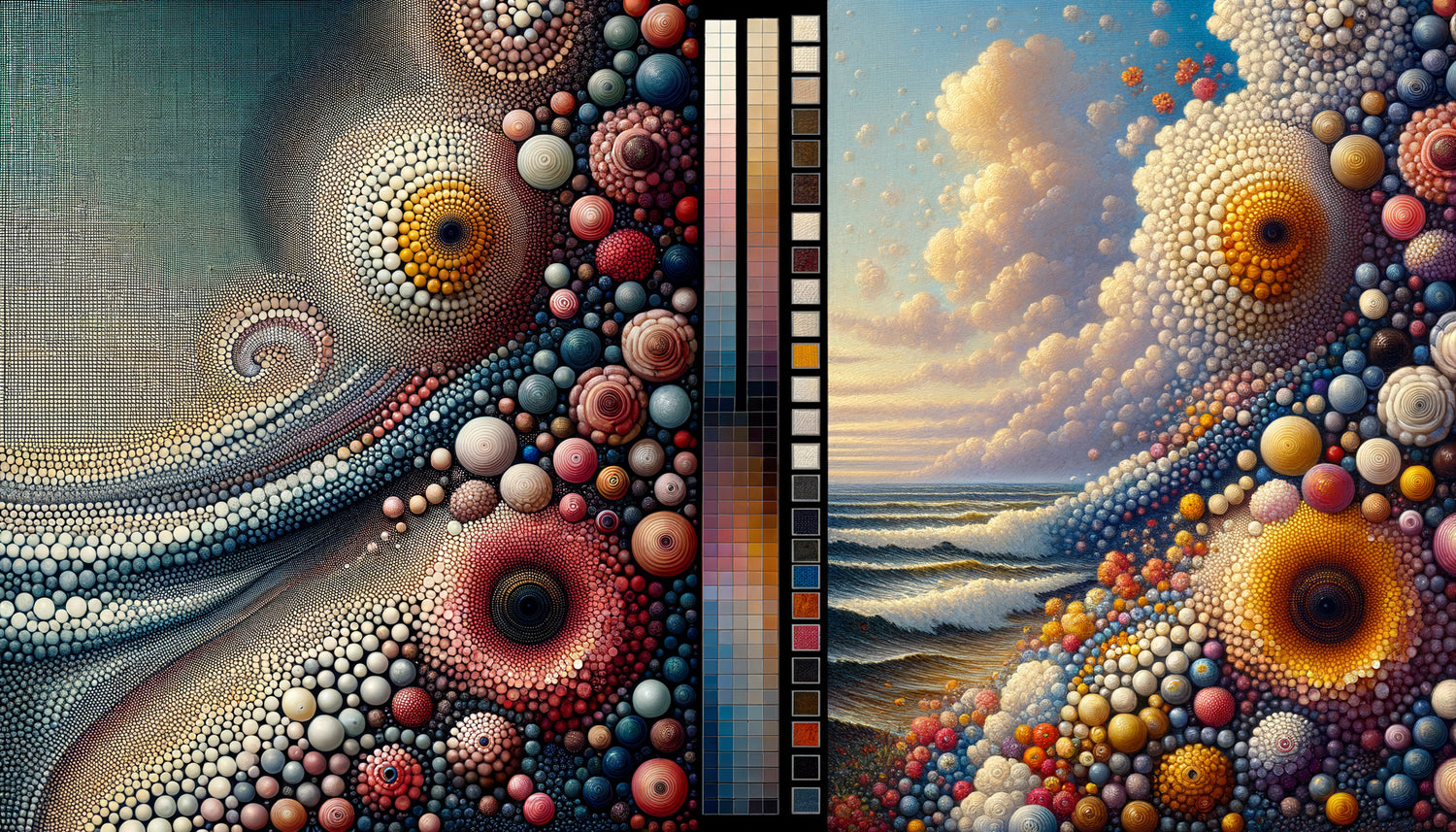 Comparaison macro entre impression standard pixelisée et reproduction d'art muséale haute définition avec pigments riches et texture canvas