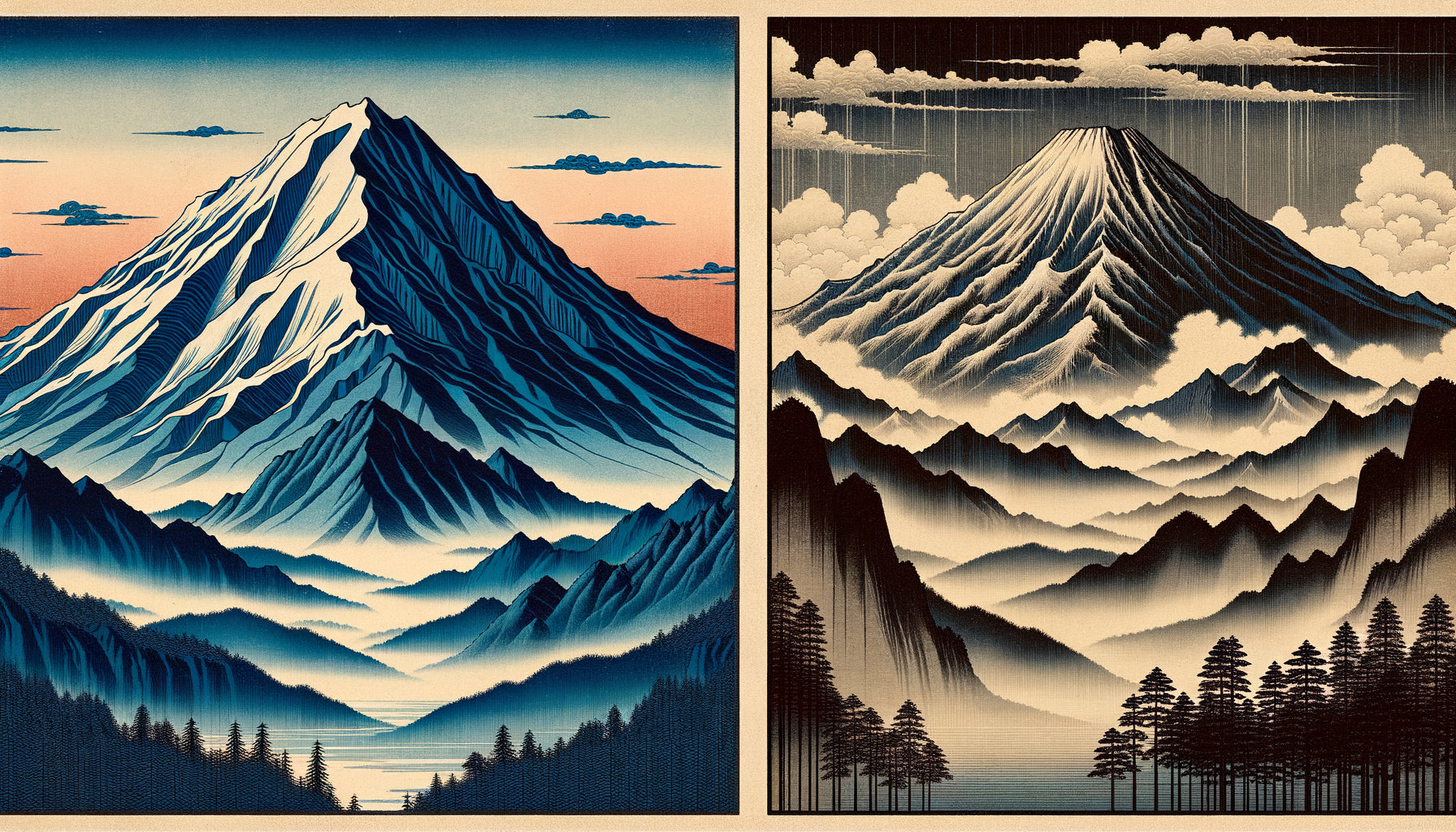 Comparaison estampes ukiyo-e : montagne géométrique Hokusai versus montagne brumeuse atmosphérique Hiroshige, période Edo