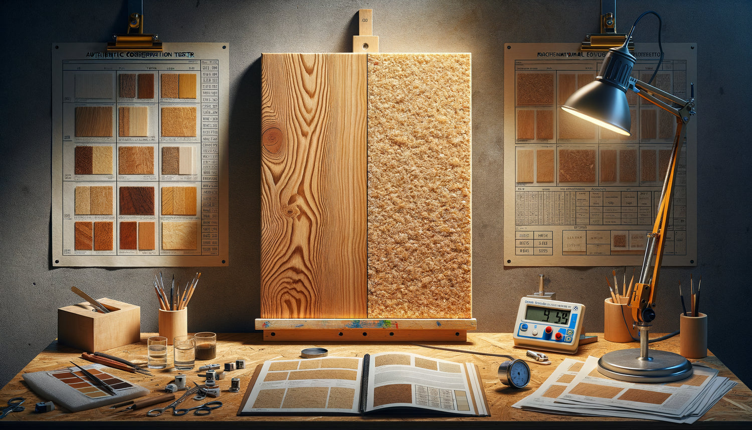 Comparaison de panneaux de bois massif et MDF préparés pour peinture dans un atelier de restauration professionnel