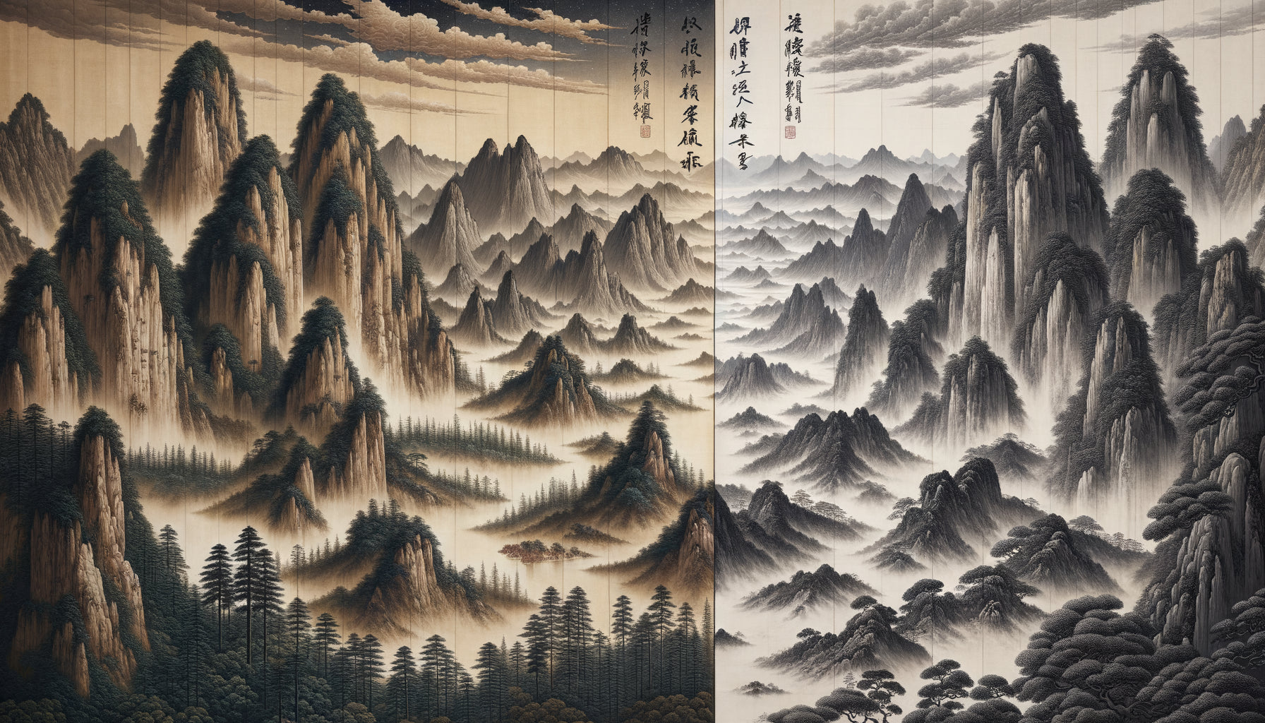 Comparaison visuelle entre paysages monumentaux Song du Nord et intimistes Song du Sud, techniques d'encre traditionnelles chinoises