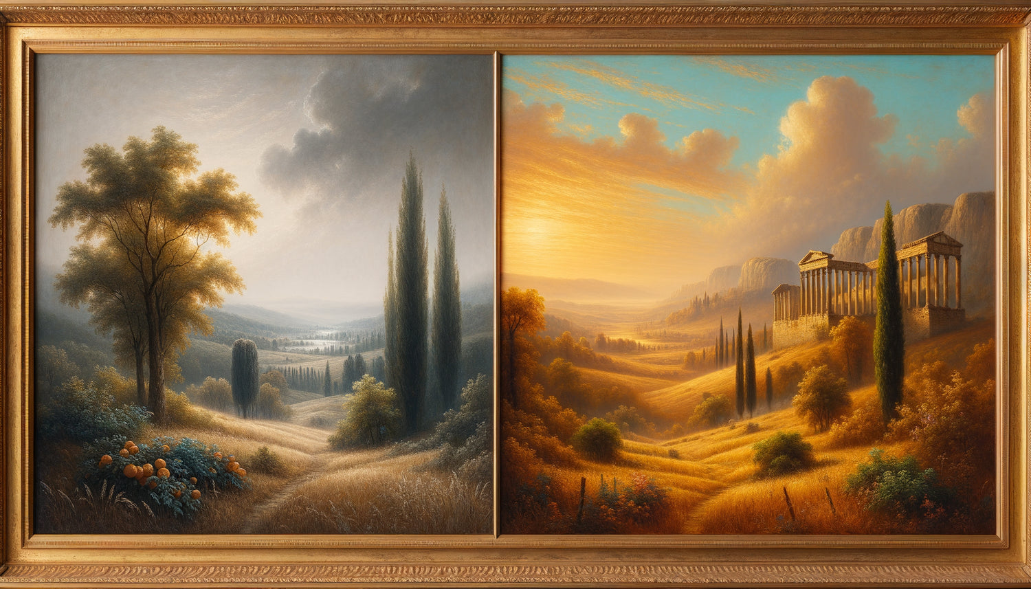 Comparaison côte à côte de deux tableaux de paysages vintage : école française avec lumière douce versus école italienne avec lumière méditerranéenne dorée