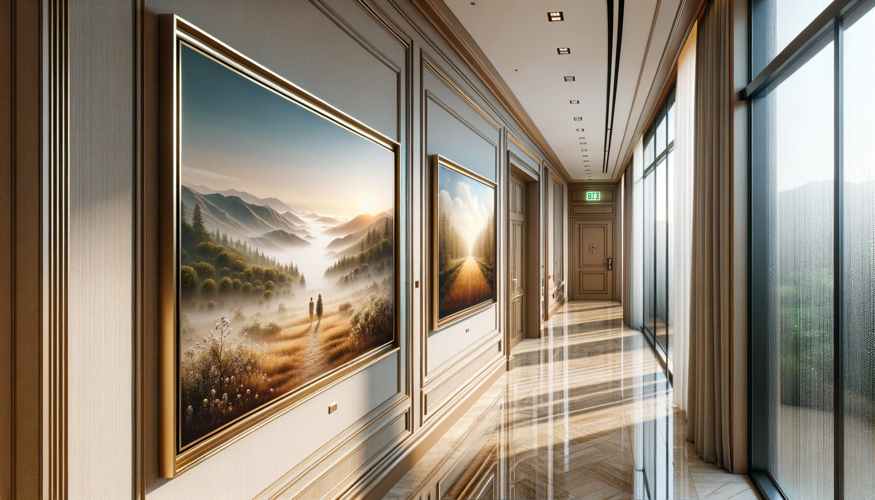 Comparaison visuelle peinture acrylique et huile dans environnement hôtelier professionnel avec éclairage naturel