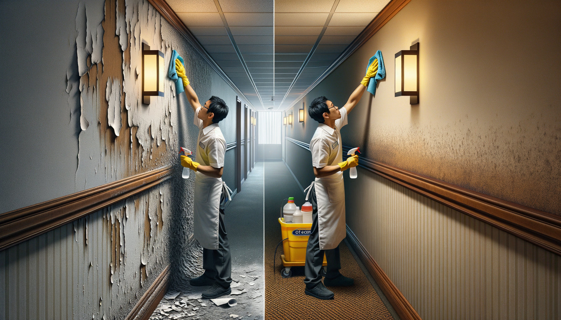 Comparaison entre peinture à l'eau et glycéro sur murs d'hôtel lors d'un nettoyage professionnel intensif
