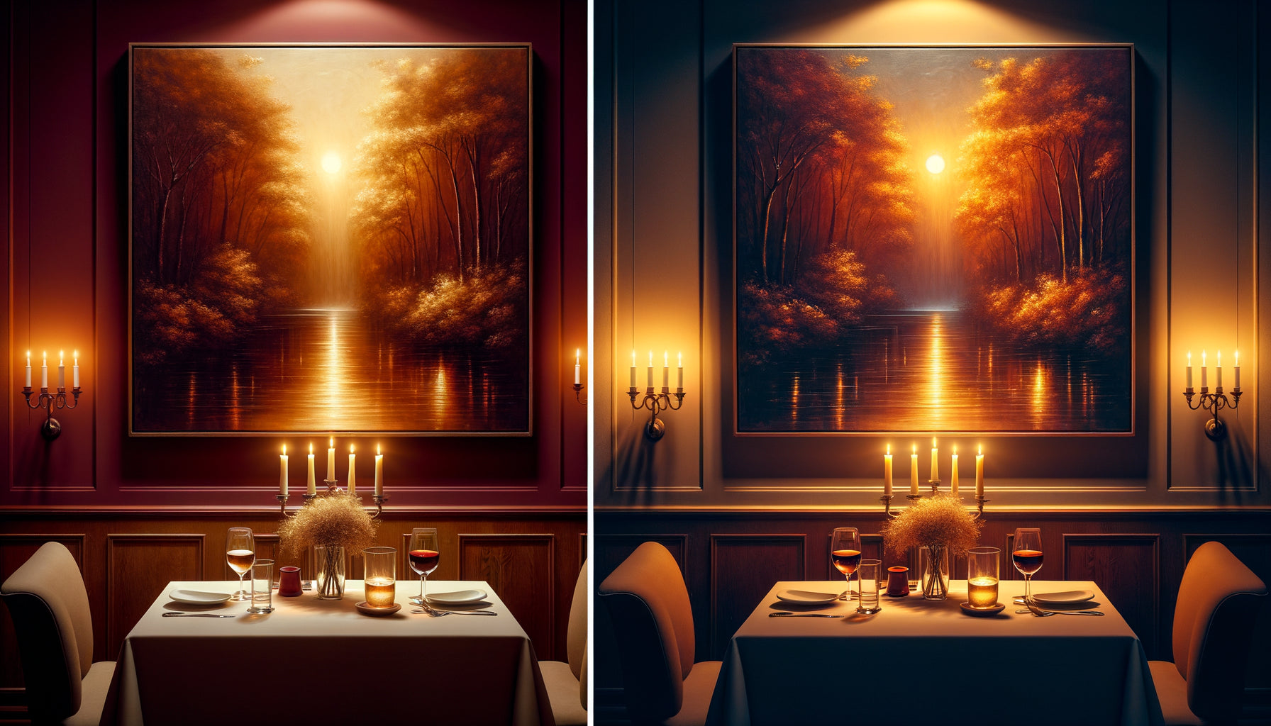 Comparaison optique peinture huile et acrylique sous éclairage tamisé de restaurant