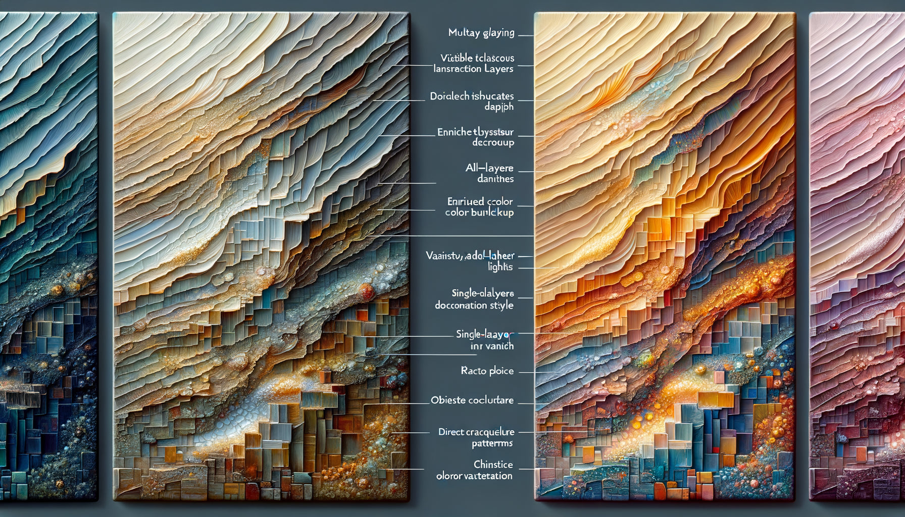 Comparaison macro photographique entre peinture multicouche à glacis et application unique montrant différences de texture et profondeur