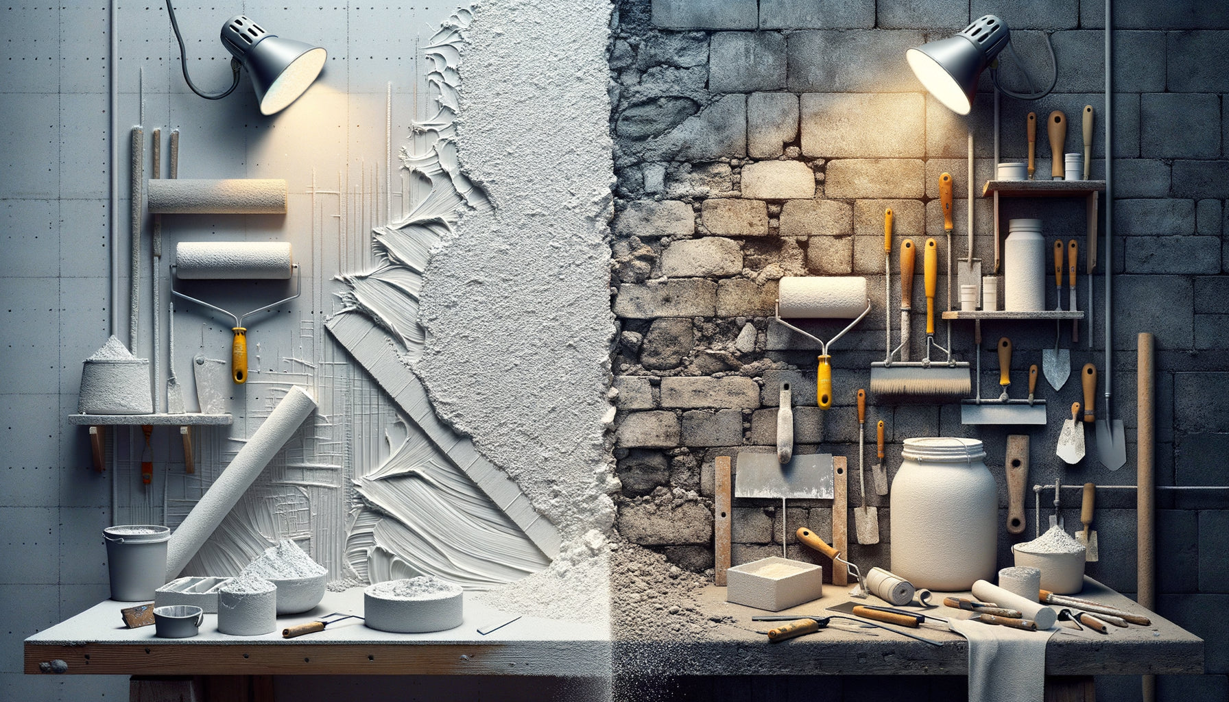 Comparaison visuelle entre enduit chaux blanche en séchage lent et enduit gypse à séchage rapide sur mur