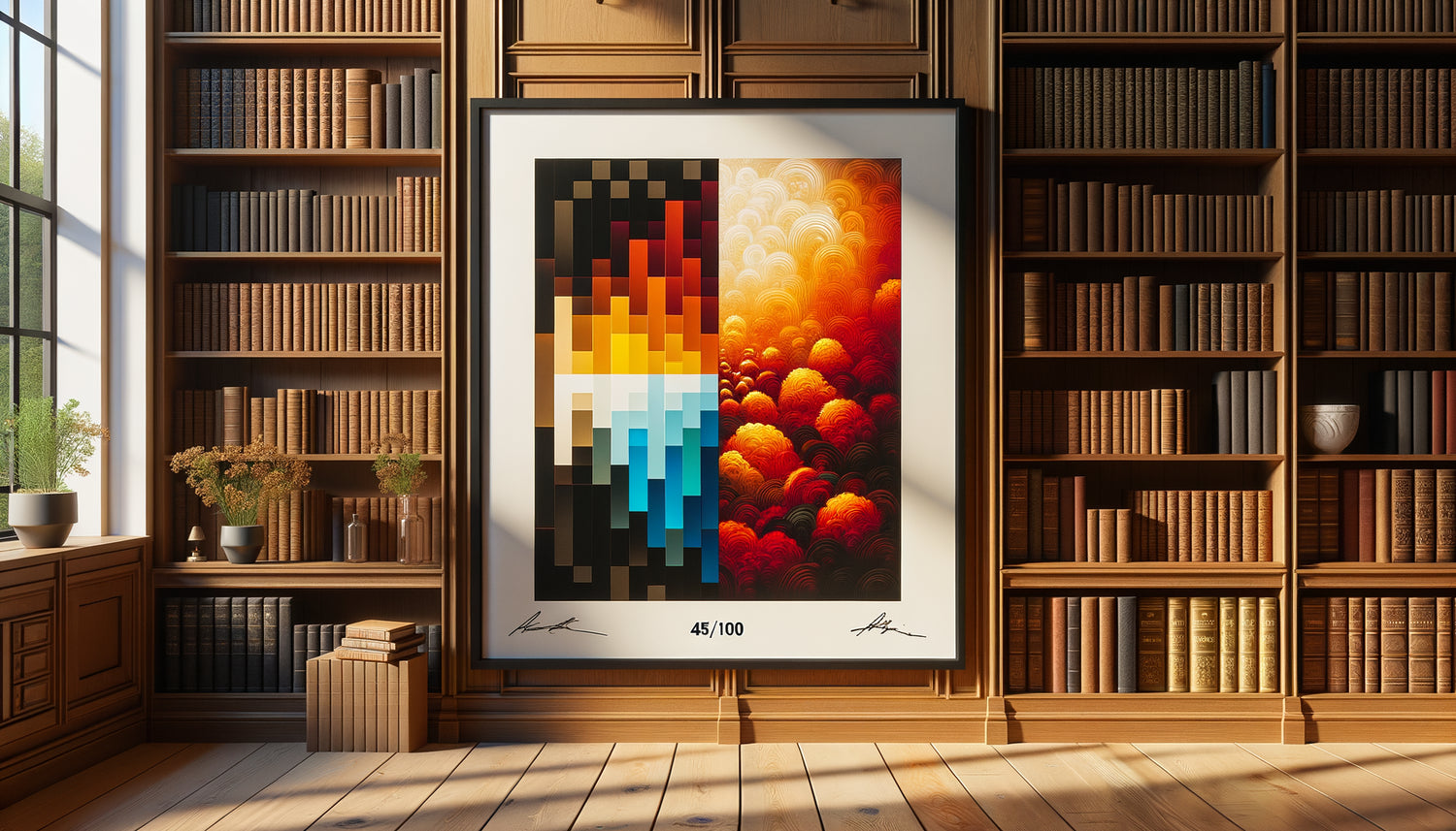 Comparaison visuelle entre une sérigraphie numérotée encadrée et une peinture originale à l'huile dans une bibliothèque